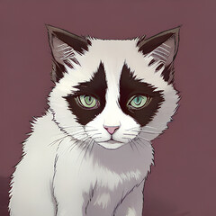 illustration of a fictional white cat with dark fur parts and greenish eyes, generative ai