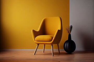 Minimalist yellow modern armchair isolated on wooden floor and empty background made with Generative AI