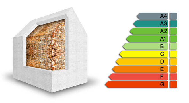3D render home thermally insulated with polystyrene walls - Buildings energy efficiency concept image with energy classes according to the new European law