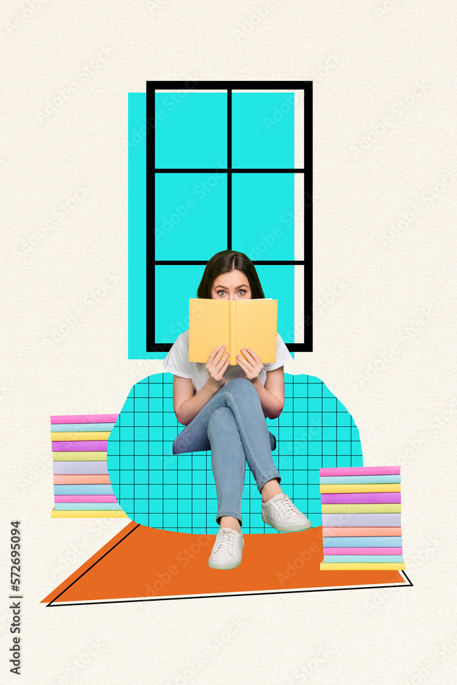 Sticker Vertical photo collage of cover face lady nerd reading planner ignoring people scared sitting painted flat near window isolated on white background