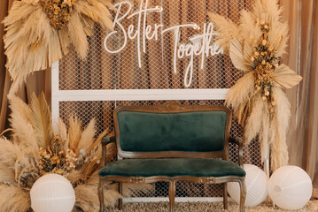 Wedding sign decor in boho style with pampas grass and greenery. Better Together Sign
