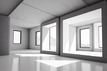Abstract modern architecture background, empty white open space interior with windows and gray concrete walls, 3d illustration Generative AI