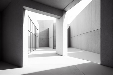 Abstract modern architecture background, empty white open space interior with windows and gray concrete walls, 3d illustration Generative AI