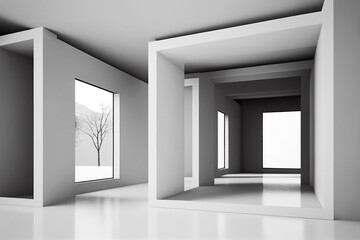 Abstract modern architecture background, empty white open space interior with windows and gray concrete walls, 3d illustration Generative AI