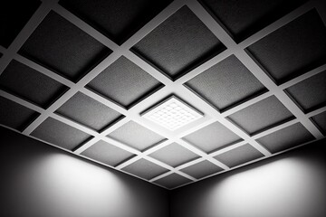 Acoustic ceiling with lighting and light channel window, Acoustic ceiling board texture Sound-proof material, Sound absorber, industry construction concept background black and white tone Generative A