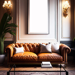 Effortless Style: A Classic Sofa in a Timeless Apartment." Show a classic, leather sofa in a timeless living room, with a warm color palette, elegant artwork, and traditional details Generative AI