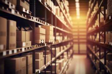 Gnerative ai image of a large warehouse full of iron shelves with brown cardboard boxes