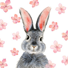 Watercolor illustration of a cute fluffy grey rabbit with pink ears in a flowered background with pink hearts