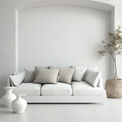 white concrete mock-up wall with white fabric sofa and pillows Generative AI