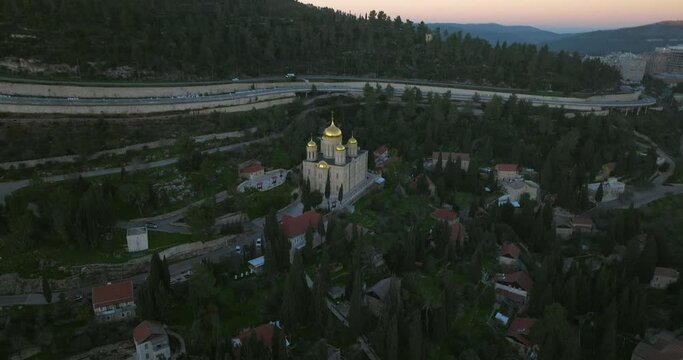 Golden domes of Gorny Monastery in Jerusalem, Early morning aerial shot