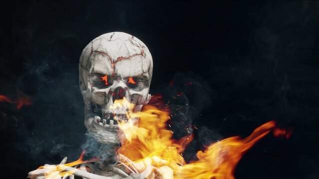 Burning skull on a black background. Slow motion fire flames, smoke and sparks. 