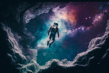 Obraz na płótnie Canvas A man flying in the simulation of the galaxy without gravity. Generative AI