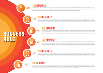 Infographic template in six steps, success rule template with orange and yellow theme