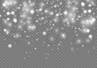 Fine, shiny dust particles fall off slightly.Winter background of snowflakes blown by the wind on a white transparent background.