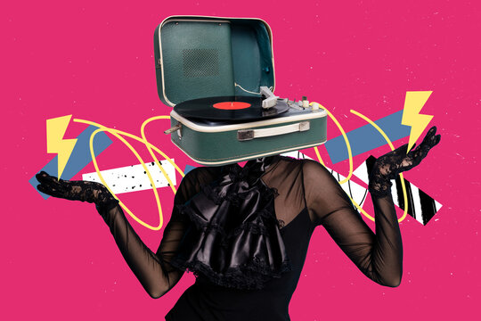Artwork template minimal collage headless woman dancing carefree enjoy vintage vinyl turntable weekend pop melody isolated on neon background