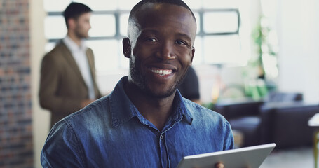 Portrait, internship and black businessman at tech startup with a tablet in an office, workplace...