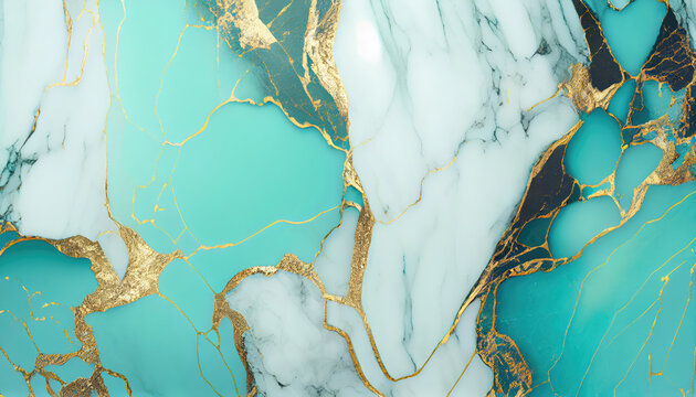 Abstract marble background. White turquoise green marble texture with gold veins. Abstract luxury background for wallpaper, Banner, invitation, website. Generative ai drawing in watercolor style