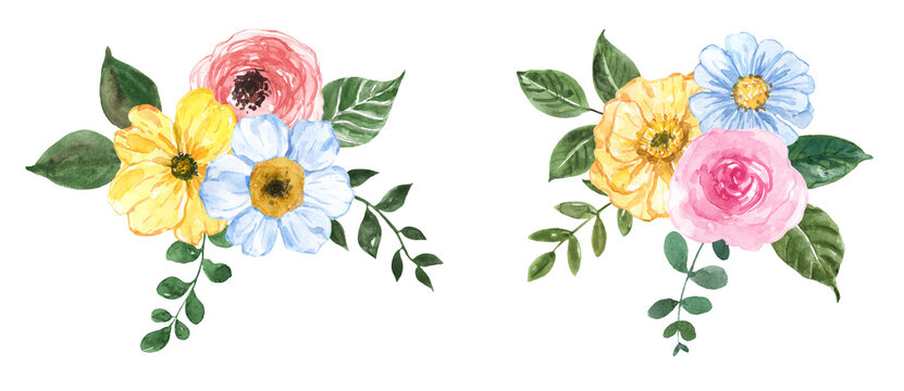 Pretty floral bouquets. Watercolor illustration. Two arrangements feature painted flowers and leaves. Botanical painting. PNG clipart.