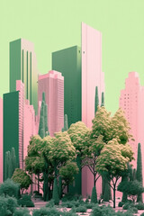 Fototapeta premium Generative ai minimal illustration green cityscape with skyscraper
