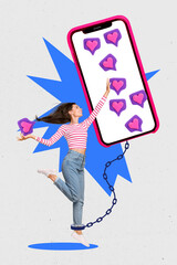 Composite artwork collage photo of young sweetheart woman jump click like button distance app...
