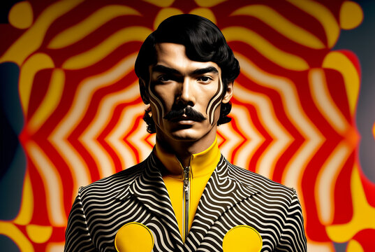 Fototapeta Generative ai optical art fashion portrait mixed race young man mustache posing