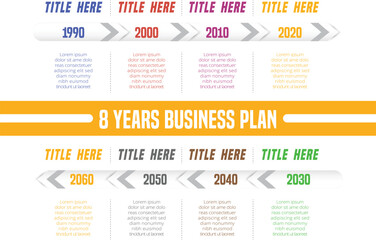 Abstract infographic showing the 8 years process of a business plan timeline For presentations and posters. Vector illustration.