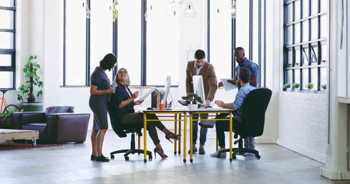 Meeting, workshop and employees in office for planning and strategy discussion at architecture agency. Business people, architect and designer team with support plan, creative vision and sharing idea