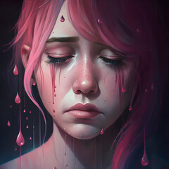 portrait of a girl with a pink hair crying pink tears