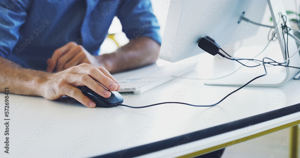 Poster Hand, computer mouse or hacker man for cybersecurity, app coding or data analysis in office. Programmer, developer or employee on tech for software code, programming or startup analytics review