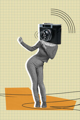 Vertical collage picture of black white gamma girl photo camera instead head dancing isolated on drawing background
