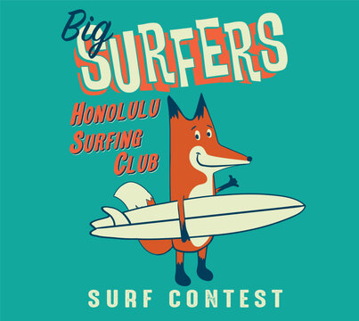vector surfer fox cartoon illustration for t shirts