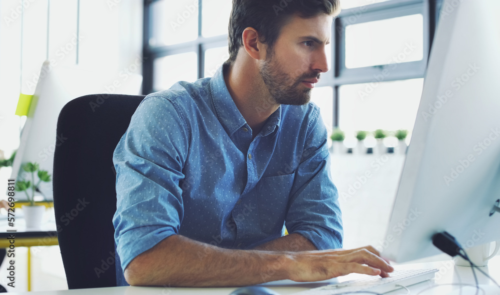 Poster Computer, serious or hacker man for cybersecurity, app coding or data analysis in office. Programmer, developer or employee typing on tech for software code, programming or startup analytics review