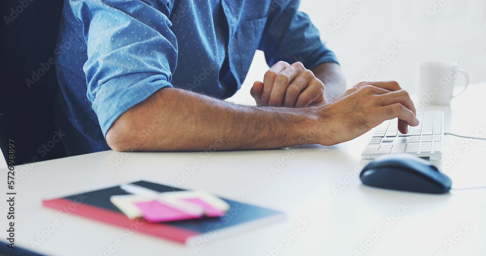 Poster Research, computer or hacker man hands for cybersecurity, app coding or data analysis in office. Programmer, developer or employee on tech for software code, programming or startup analytics review