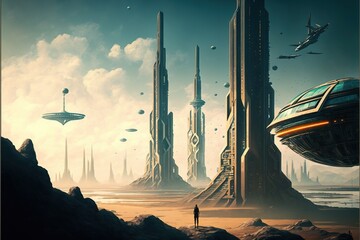 A man in a post-apocalyptic city. Cyberpunk world of the future, neural networks, metauniverse, robots, artificial intelligence and neural networks. Illustration in  high quality. Generative AI
