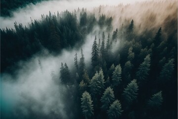 A beautiful view of the pine forest in the fog from a bird's eye view. Nature early in the morning, greenery, Christmas tree, ecology, pine, sunrise, clean air, white thick fog. illustration AI