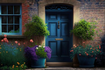 Fototapeta na wymiar A beautiful blue door to a house among flowers and green plants. Beautiful exterior for the house, spring flowers, bright colors. Illustration in high quality. Generative AI