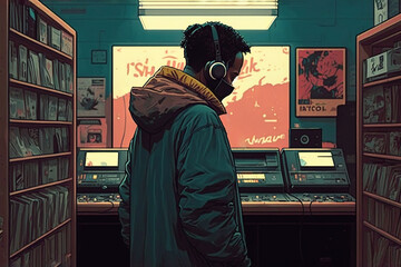 A lofi hip hop music producer wearing headphones and standing in a music studio, generative ai