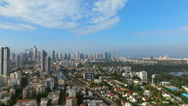 Tel Aviv city skyline and buildings as seen from Ramat Gan, Aerial view