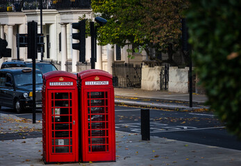 Typical telephone booths of london. United Kingdom.