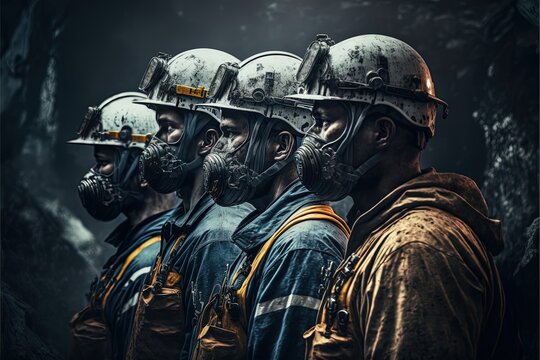 A group of miners in helmets work in the mine. Hard work, black background, minerals, mines. Illustration in high quality. Generative AI