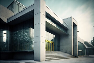 Entrance to an office building in the architectural modern style. Dark shades, steps, panoramic windows, Illustration in high quality. Generative AI