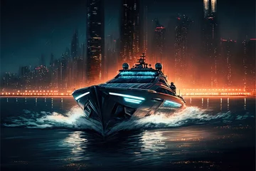 Foto op Plexiglas A huge yacht against the backdrop of the night lights of a big city. Water surface, luxurious life, dark colors, sky. Illustration in high quality. Generative AI © Павел Озарчук