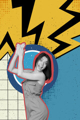 Vertical collage image of positive cheerful black white gamma astonished girl arms clapping drawing...