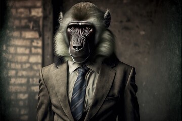 Baboon monkey in a formal suit on a gray background. Animals, serious look, funny pictures, concept idea. Illustration in high quality. Generative AI
