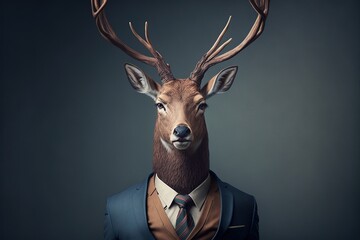 Deer in a jacket suit on a gray with a tie background close up. Animals, serious look, funny pictures, concept idea. Illustration in high quality. Generative AI