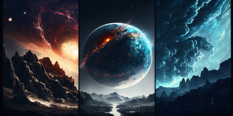 Incredible 3D Illustration of Three Alien Planets with Unique Landscapes and Explosive Skies, Including a Rocky Planet with an Orange Nebula, Distant Planets, a Huge Exploding Planet in the Sky