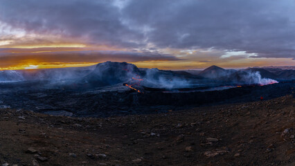 Panorama of the Fagradalsfjall volcano in the evening sun