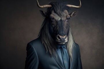 Bison a formal suit on a gray background close up. Animals, serious look, funny pictures, concept idea. Illustration in high quality. Generative AI