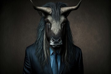 Buffalo in a formal suit on a gray background close up. Animals, serious look, funny pictures, concept idea. Illustration in high quality. Generative AI