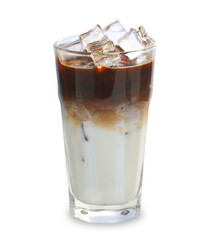 Close up  iced coffee with milk , straw in tall glass isolated clean cut clipping path on white...